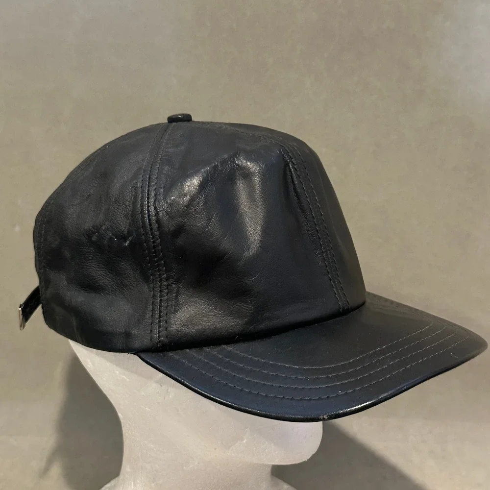 Wilsons Leather Experts Black Leather Baseball Cap Hat Made in USA Vintage